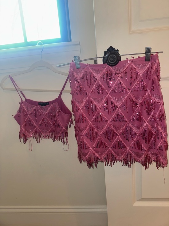 Sincerly Jules Other - Sincerely Jules Pink Sequin Fringe Crop Top & Skirt Set